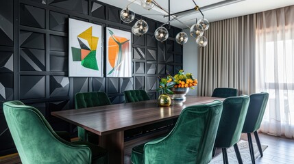 Modern Dining Room Interior with Green Velvet Chairs and Abstract Artwork