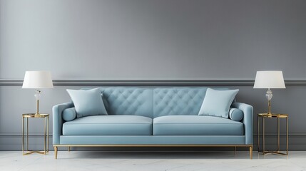 A stylish blue sofa with gold accents, flanked by chic lamps on side tables against a gray wall.