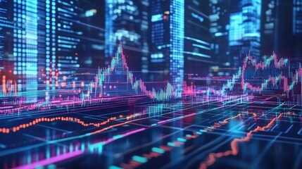 Obraz premium Dynamic 3D Digital Landscape with Charts and Graphs