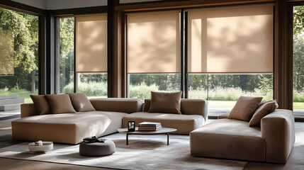 Modern living room with neutral tones and natural light.