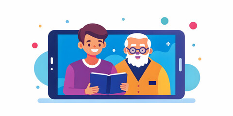 Close Up of a Futuristic Education Tablet Used by Teenager and Elderly Uncle - Macro Shot Showcasing Innovative Learning Together with Cutting-Edge Technology for a Bright Future