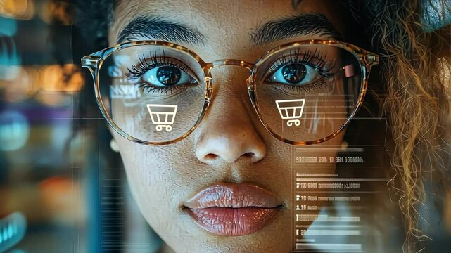 A young woman gazes into augmented reality, envisioning the possibilities of e-commerce in an urban environment with digital enhancements all around