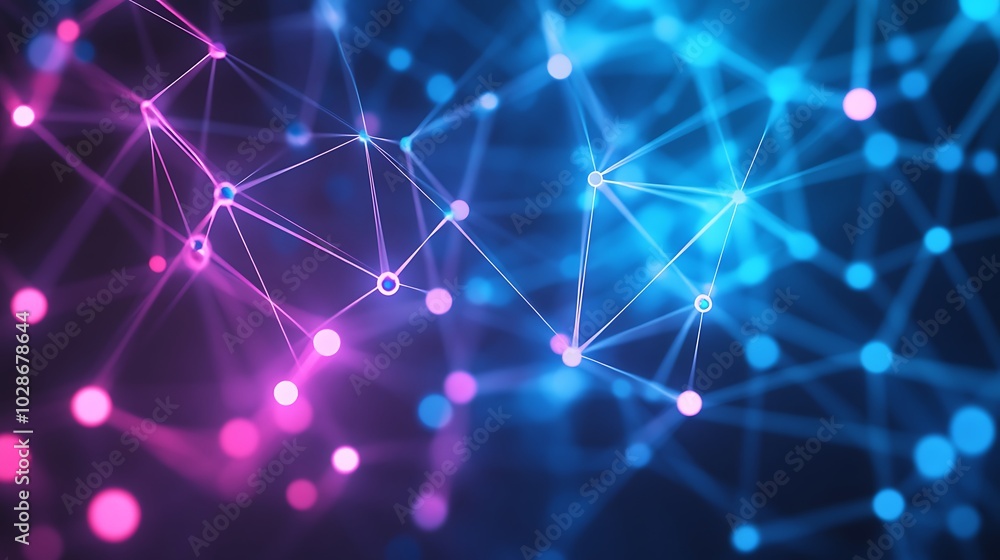 Poster abstract digital background with glowing pink and blue lines connecting dots.