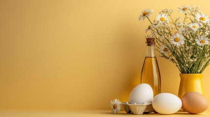 An elegant arrangement featuring a bottle of oil, two eggs in a carton, and a vase of daisies against a yellow background evokes a sense of calm and creativity.