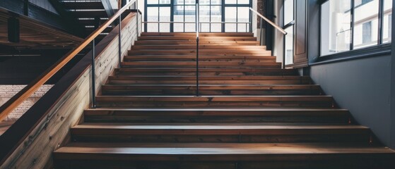 Rustic wooden staircase leads to a bright, inviting space with sun filtering through windows, creating a warm, welcoming ambiance.