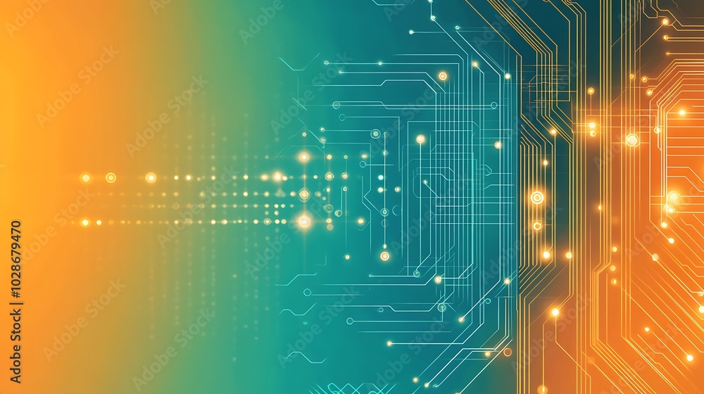 Poster abstract digital circuit board background with glowing lights in orange and green.