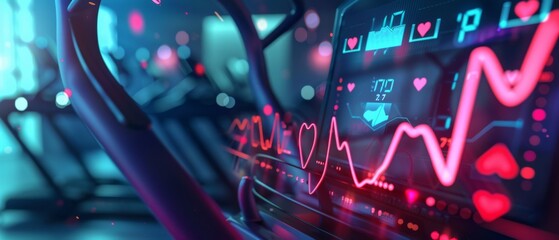 Neon heartbeats pulse across an exercise bike display in a dimly lit gym, merging digital fitness with vibrant, futuristic energy.