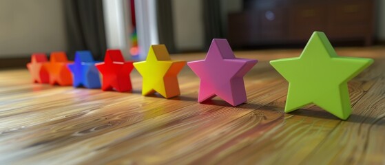 Vibrantly colored star blocks line up on a wooden floor, radiating cheerful energy and youthful creativity.