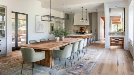 Modern Dining Room with Large Wooden Table, Green Velvet Chairs, and a Rug