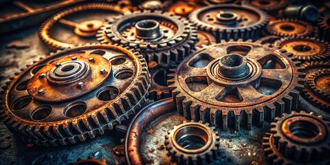 Close-up of a Vintage Weathered Metal Gear Highlighting Industrial Textures and Intricate Design Elements for Industrial Aesthetics and Vintage Photography