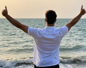 Photo of Man Wearing White Shirt Near Sea, Raising hands in air for victory 