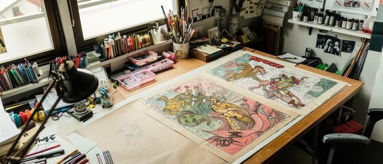 An artist's studio filled with colorful drawing tools and vibrant comic illustrations on a wooden table by the window.