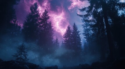 Fototapeta premium A surreal forest with glowing nebulae in place of trees, where cosmic clouds of gas and light create a mesmerizing, otherworldly atmosphere 