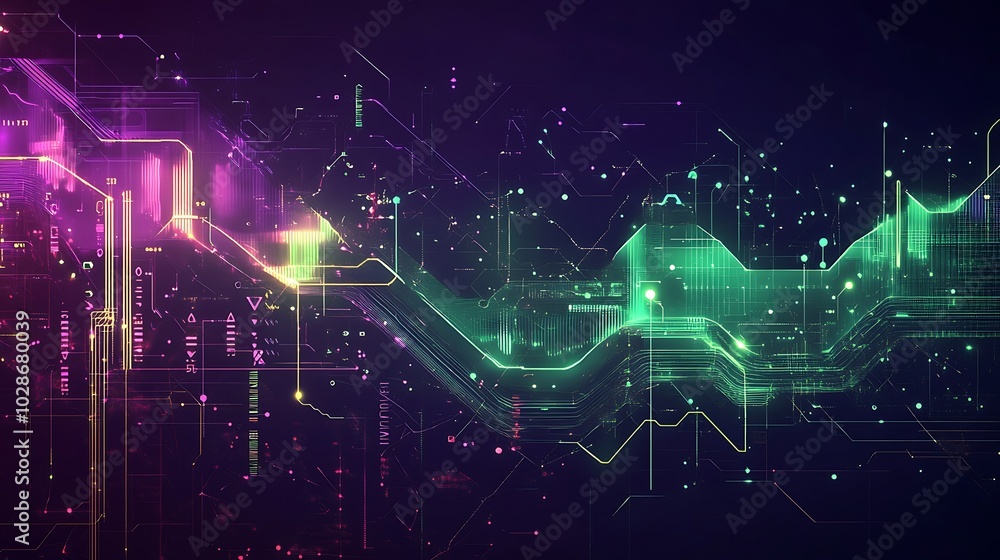 Poster Abstract digital circuit board pattern with green and pink glowing lines on a dark background.