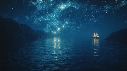 A surreal ocean where the water glows with the light of distant stars, and ships sail across a liquid cosmos, reflecting the mysteries of the universe