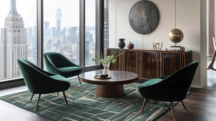Modern Living Room with Cityscape View and Green Velvet Chairs