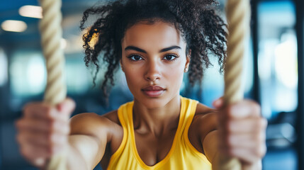 Fototapeta premium Młoda kobieta w sportowym stroju z energią ciągnie linę podczas intensywnego treningu na siłowni.