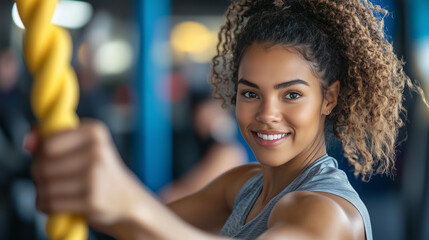 Naklejka premium Młoda kobieta w sportowym stroju z energią ciągnie linę podczas intensywnego treningu na siłowni.