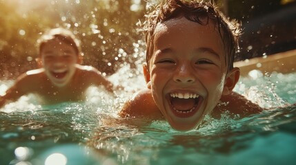 Two children enjoy swimming in a sunlit pool, laughing and splashing with joyful expressions. The golden light enhances the scene of fun and friendship.