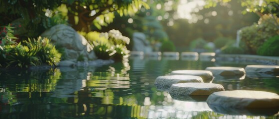 A series of stepping stones stretches over a shimmering pond, enveloped by lush greenery, inviting one to cross into nature's tranquil sanctuary.