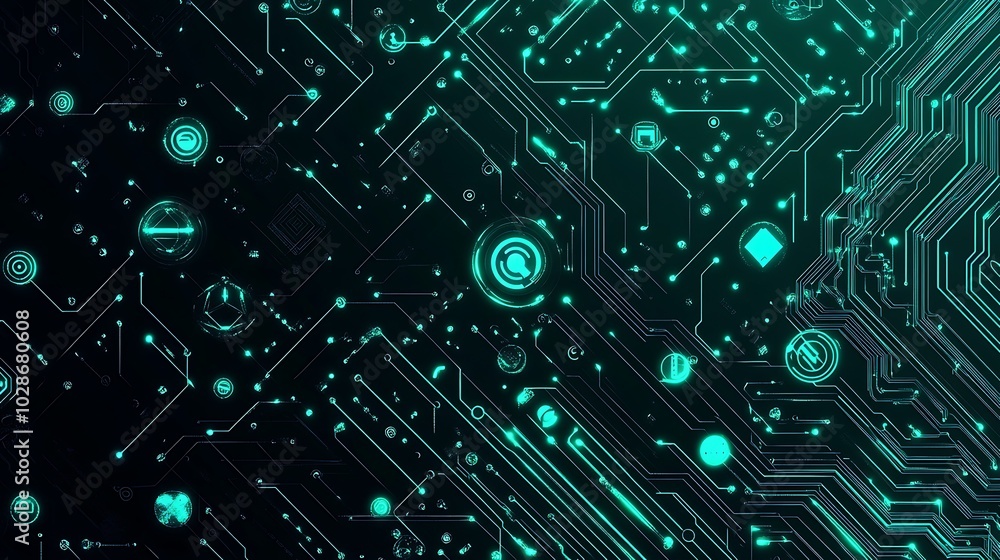 Poster abstract digital circuit board with glowing green lines and icons.