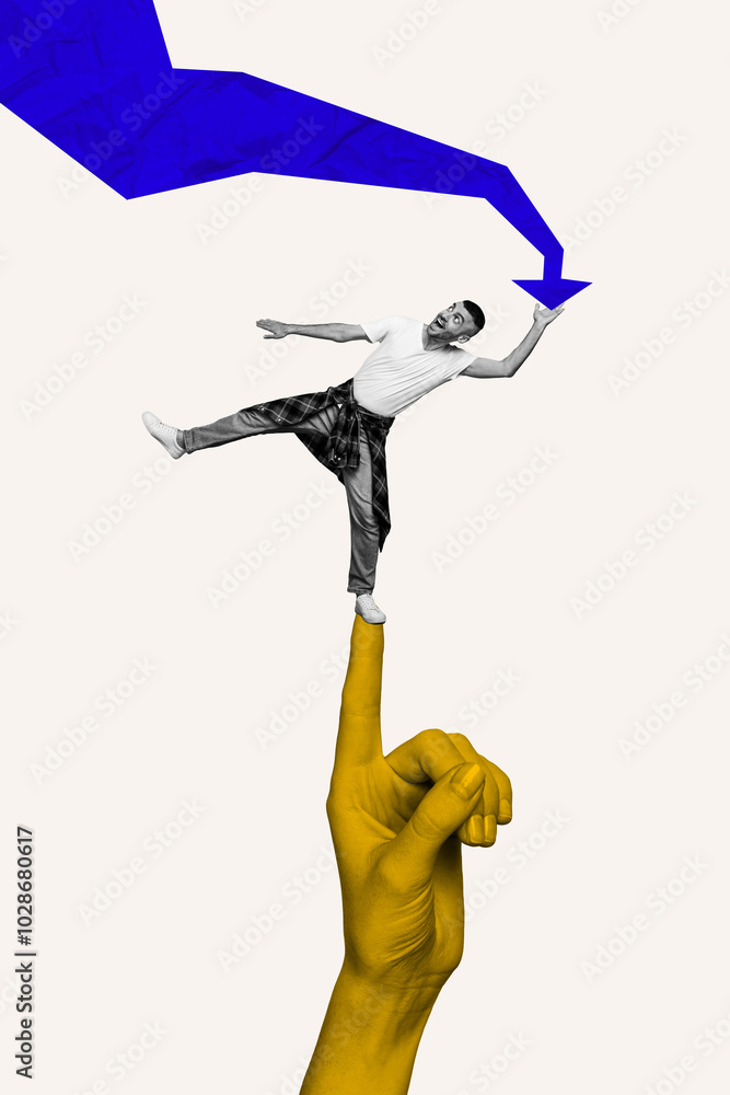 Aufkleber vertical composite artwork collage image picture of arm finger hold mini guy arrow pointer isolated 
