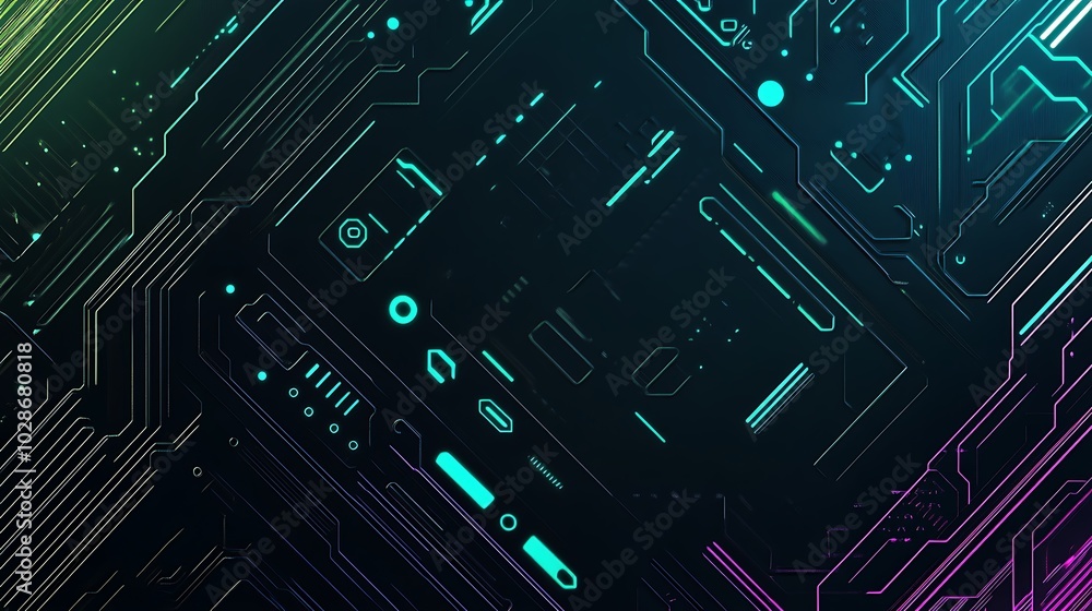 Poster Abstract digital circuit board with glowing lines and shapes.