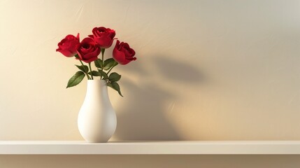 Fototapeta premium Red roses in a white vase on a white shelf against a textured beige wall