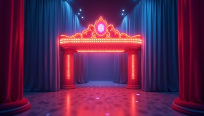  Illuminated theater entrance with ornate lighting in red and blue tones