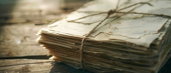 A stack of vintage, weathered letters tied with twine evokes nostalgia and timeless communication on a rustic wooden surface.
