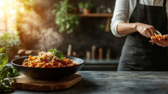 A chef skillfully prepares a steaming bowl of pasta, emphasizing the use of fresh ingredients to elevate the taste and quality of every bite.