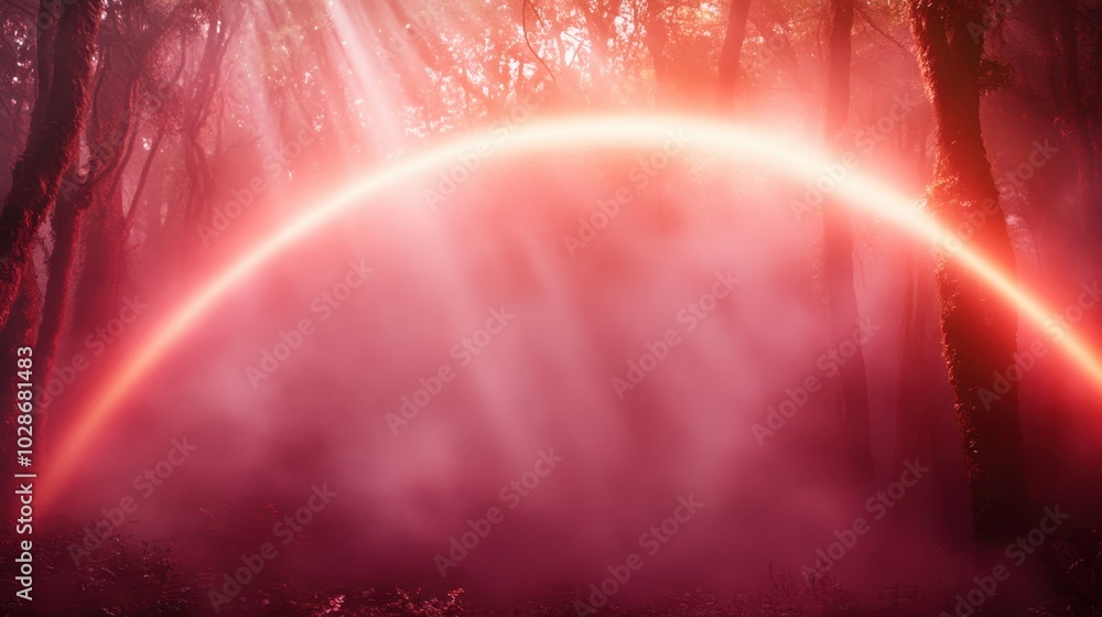 Poster a mysterious red forest scene featuring a glowing arch of light filtering through the trees, creatin