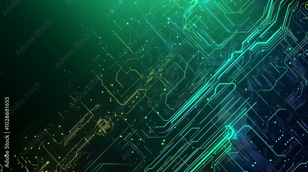 Poster abstract digital circuit board with green and blue glowing lines on a dark background.