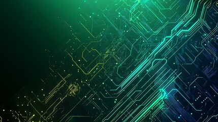 Obraz premium Abstract digital circuit board with green and blue glowing lines on a dark background.