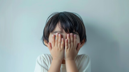 Shy child playfully hiding face behind hands in white shirt
