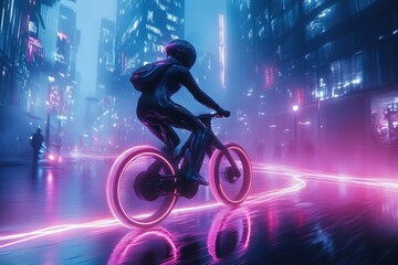 A cyclist pedaling through a futuristic city on a glowing hydrogen-powered bike, with trails of light following them, symbolizing eco-friendly transport