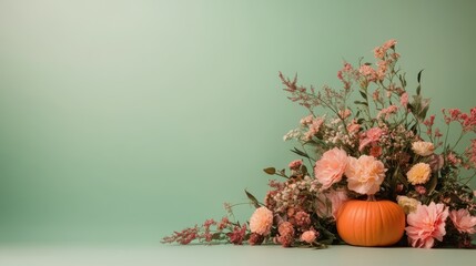 A serene green background serves as the canvas for a vibrant floral and pumpkin arrangement, highlighting natural beauty and the serenity of botanical life.