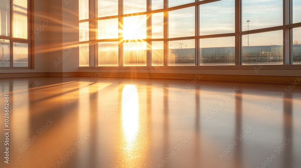 Poster an empty room is illuminated by the sun streaming through large glass windows, creating an open and 