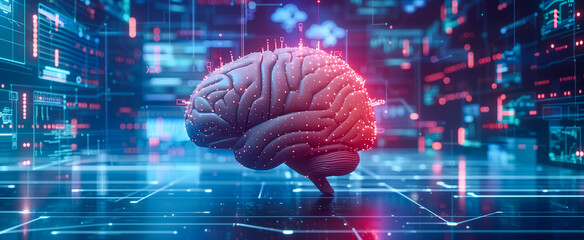 Digital representation of human brain with glowing data interface