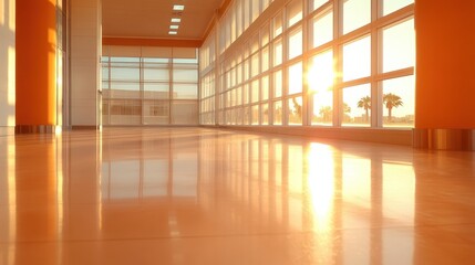 A spacious interior corridor features large glass windows bathing the space in golden sunlight, offering a clear view of palm trees outside for a serene atmosphere.