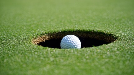 A Golf Ball Resting in a Green Golf Course Cup