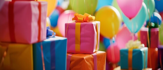 A festive array of colorful balloons and neatly wrapped presents promises joy and excitement in a room alive with celebration.