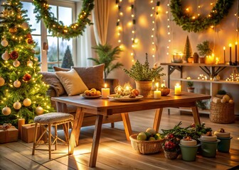 Cozy Christmas Atmosphere with Wooden Table and Festive Decor for Architectural Photography