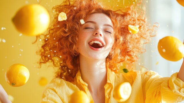 A jubilant woman with vibrant red curly hair is surrounded by flying lemons, capturing an energetic and playful moment against a bright yellow background indoors.