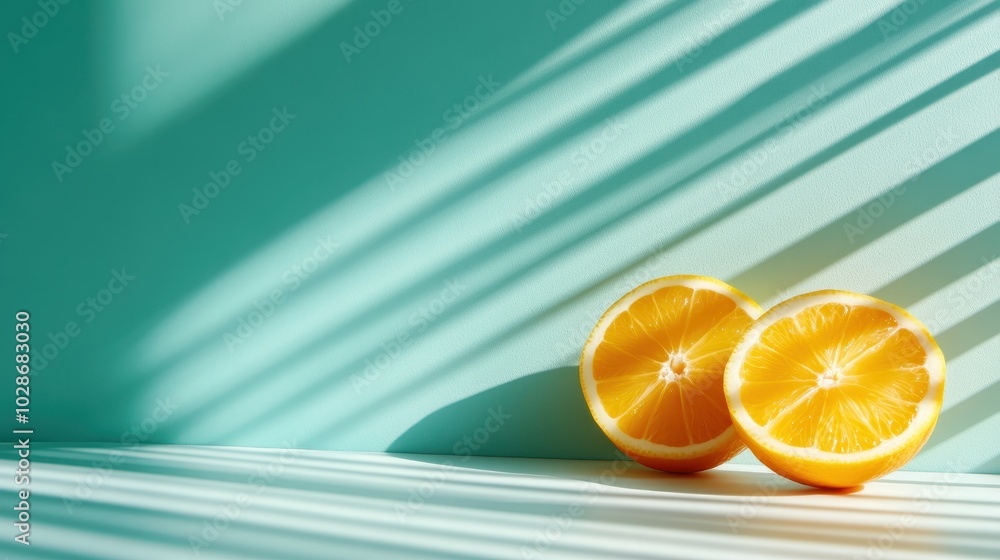 Poster two lemon halves resting on a turquoise background with playful shadow patterns, capturing a minimal