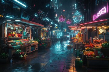 A holiday market on a space station, where glowing decorations and vibrant stalls float, selling futuristic gifts and food items from across the galaxy 