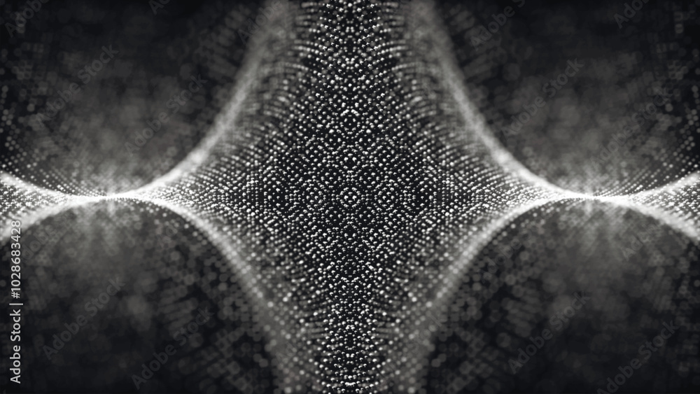 Poster futuristic particle wave. abstract technology background. rotating swirling particle shapes. dark ba