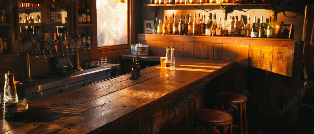 Poster an inviting wooden bar glows warmly under ambient lighting with shelves stocked full of assorted liq