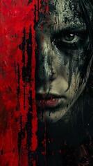 Intense Gaze: A Woman's Face Covered in Blood and Paint
