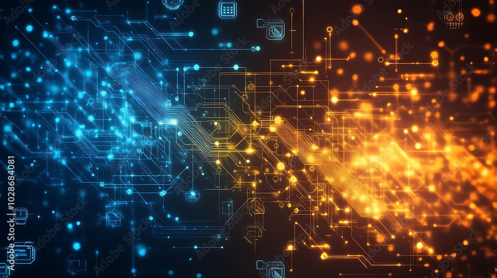 Poster abstract digital network background with blue and orange glowing lines.